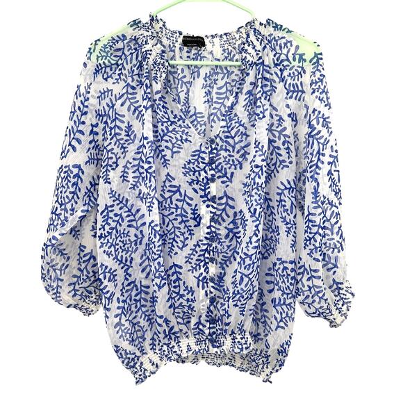 BCBG Maxazria Size Medium‎ Blouse Blue White Ruched Long Sleeve Semi Sheer - Picture 1 of 5